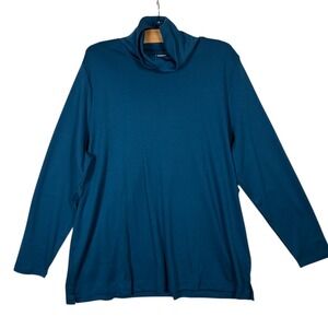 New Lands End Womens Blue Cotton Long Sleeve Turtleneck Top Plus Size 24W-26W